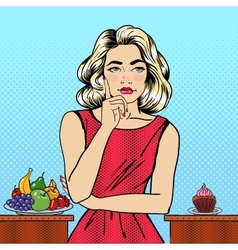 Woman Choosing Food Between Fruits and Cupcake vector image