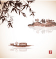 Bamboo fishing boat and island with trees Bamboo fishing boat and island with trees vector image