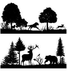 Wild animals silhouettes in green fir forest vector image
