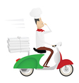 Funny chef delivering pizza on moped vector image