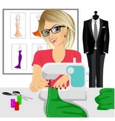 Dressmaker woman using sewing machine vector image