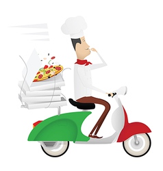 Funny chef delivering pizza on a moped vector image