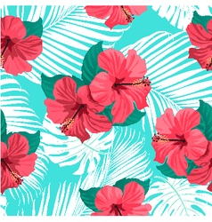 Tropical flowers and palm leaves vector image