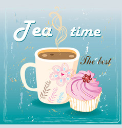Delicious tea and cake vector image
