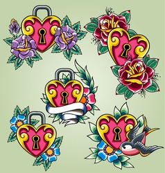 Bird heart and rose tattoo set vector image