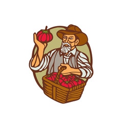 Organic Farmer Tomato Basket Woodcut Linocut vector image