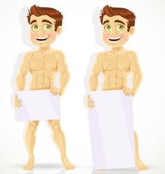 Cute naked man with posters for your message vector image