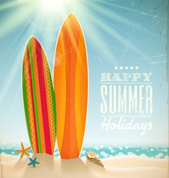 Surfboards on a beach against a sunny seascape vector image