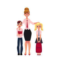 Female teacher and students - boy and girl Female teacher and students - boy and girl vector image