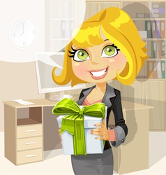 Business lady in office gives a gift from company vector image