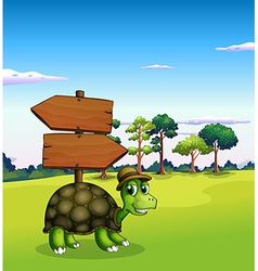 A turtle near the empty wooden arrow signboards vector image