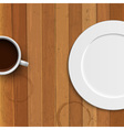 Dinner plate and coffee cup on wooden background vector image