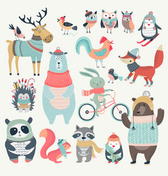 Christmas set with cute animals hand drawn style vector image
