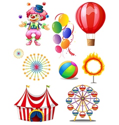 A clown playing balls with different circus stuffs vector image