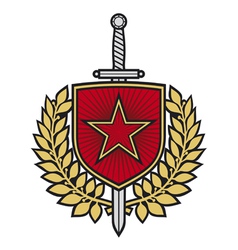 Star badge with sword and laurel wreath vector image