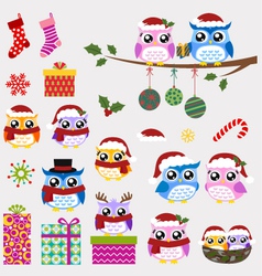 Owl christmas ornaments and gifts set vector image