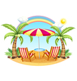 A seashore with a beach umbrella and chairs vector image