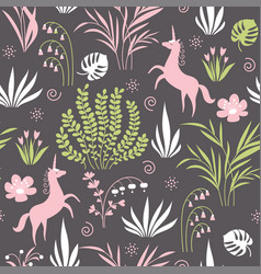 Seamless pattern with plants and unicorns vector image