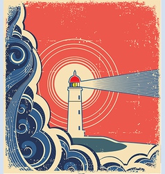 Sea waves with lighthouse on abstract grunge image vector image