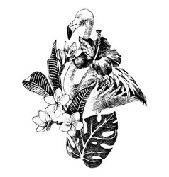 Hand drawn flamingo with tropical flowers vector image