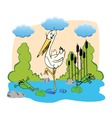Cute drawing of a stork and frogs running away fro vector image
