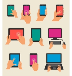 Set of hands holding tablet and smart phone vector image
