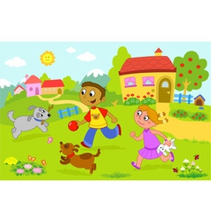 Children playing with dogs vector image