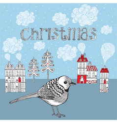 Christmas card with bird and winter little town vector image