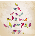 Retro Christmas Card - Birds on Christmas Tree vector image