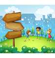 Three kids playing in the hill with wooden vector image