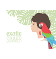 Girl with parrot under tropical tree vector image