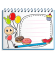 A notebook with a drawing of a boy holding vector image