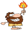 Happy caveman holding up a fiery torch vector image