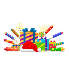 Fireworks rockets gift boxes and santas hat set vector image