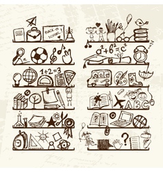 Objects for school on shelves sketch drawing for vector image