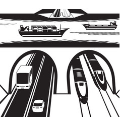 Railway and highway tunnel under water vector image