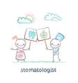 Stomatologist holding a poster with the apple and vector image