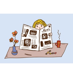 Girl reading newspaper at the tea table vector image
