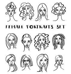 Set of female doodle hand drawn portraits Black vector image