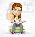 Joyful schoolgirl reading a book vector image