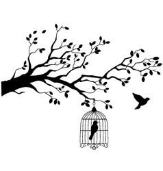 Tree silhouette with bird flying vector image