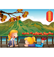 Two girls talking at the wooden bridge vector image