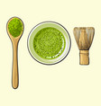 Green tea cup spoon of matcha powder and bamboo Green tea cup spoon of matcha powder and bamboo vector image