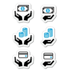 Hands with money coins icons set vector image