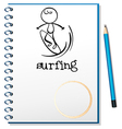 A notebook with a sketch of a man surfing vector image