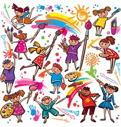 Happy children drawing with brush and colorful vector image