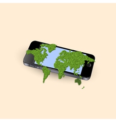 Mobile phone with stylized green world map vector image