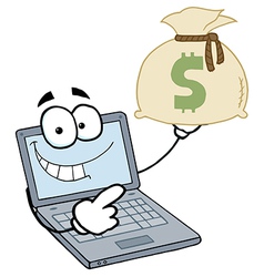Laptop Cartoon Character Displays Money Bag vector image