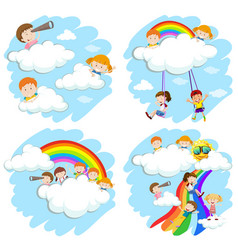 Happy children on fluffy clouds and rainbow Happy children on fluffy clouds and rainbow vector image