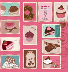 Sweet cakes and desserts postage stamps vector image